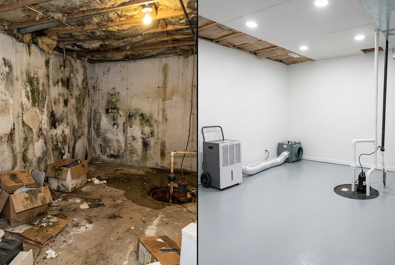 Mold Inspection & Moisture Assessment before and after in residential basement, Fair Lawn NJ