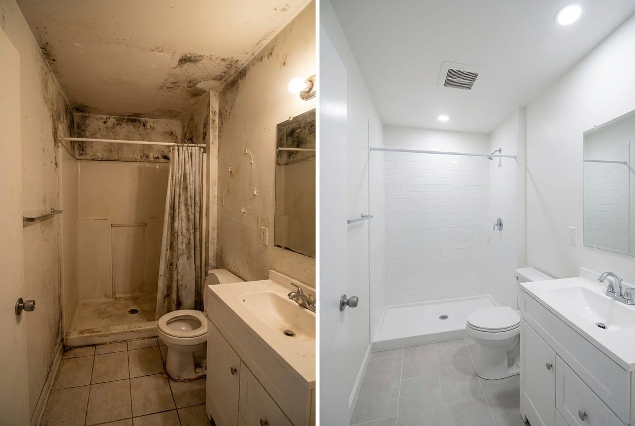 Before and after mold inspection & moisture assessment in Fair Lawn split-level home bathroom