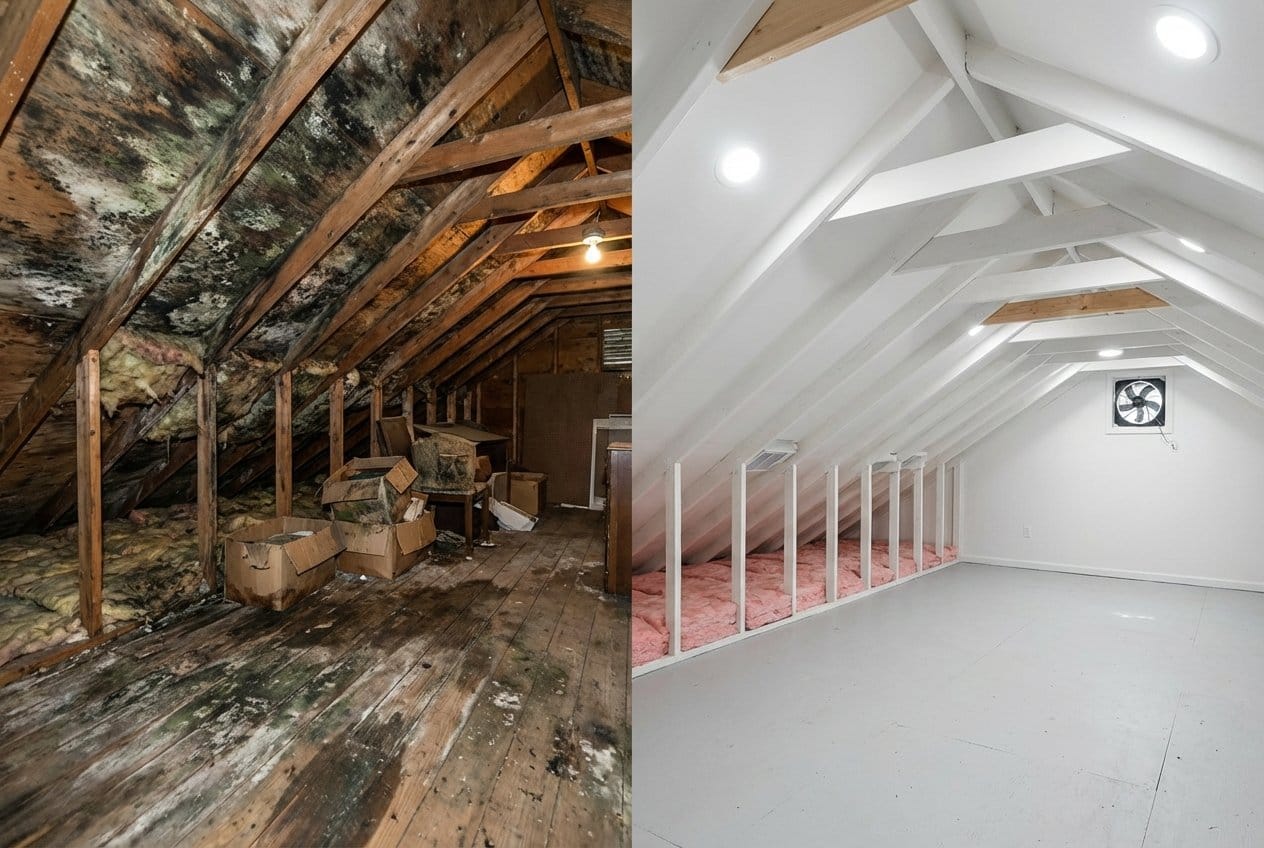 Before and after mold removal & remediation in Fair Lawn commercial property attic space