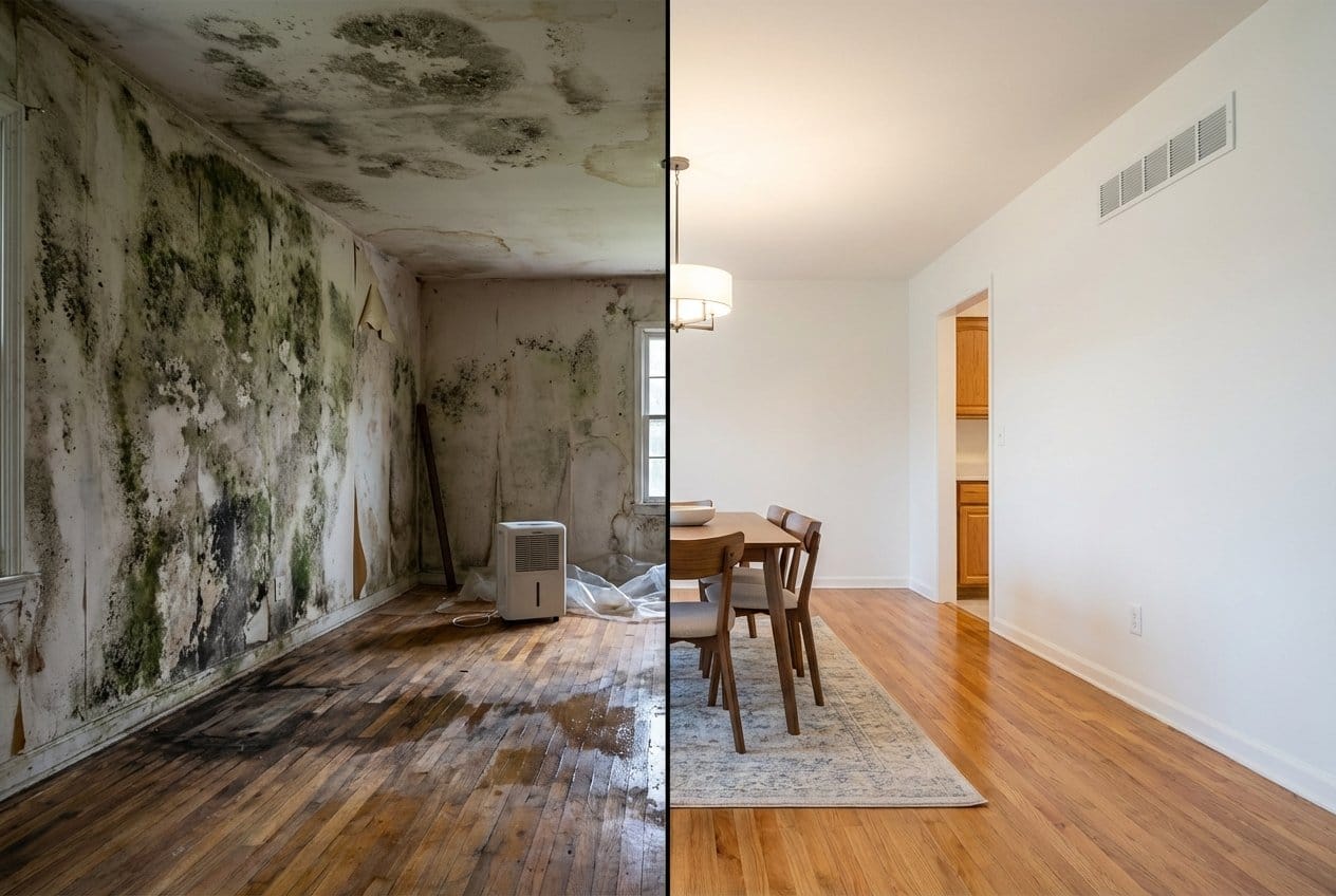 Before and after black mold removal in Fair Lawn bungalow dining room