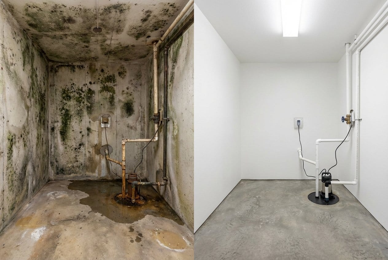 Attic & Crawl Space Mold Removal restoration — utility room of split-level home in Fair Lawn, NJ