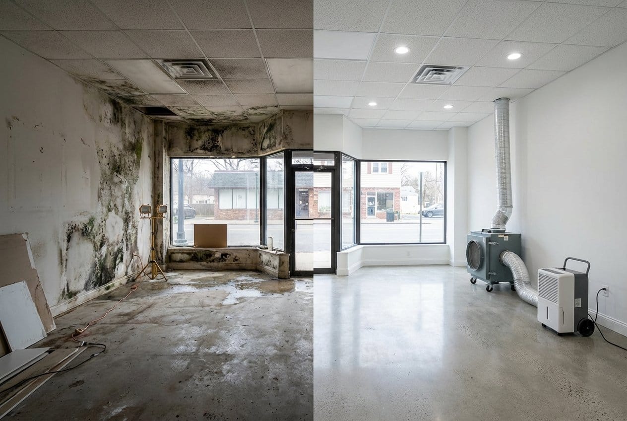 Before and after attic & crawl space mold removal in Fair Lawn Cape Cod house storefront interior