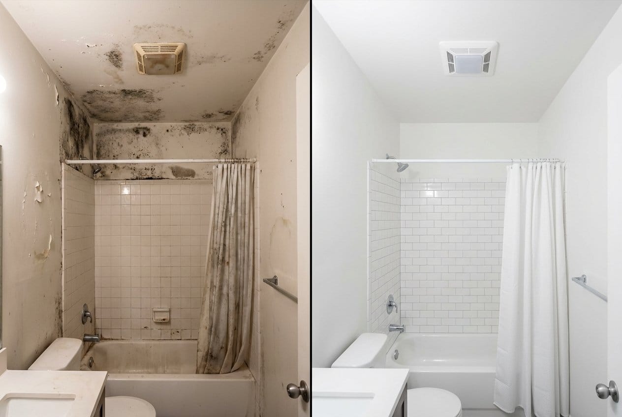 Before and after basement & foundation mold removal in Fair Lawn private residence bathroom
