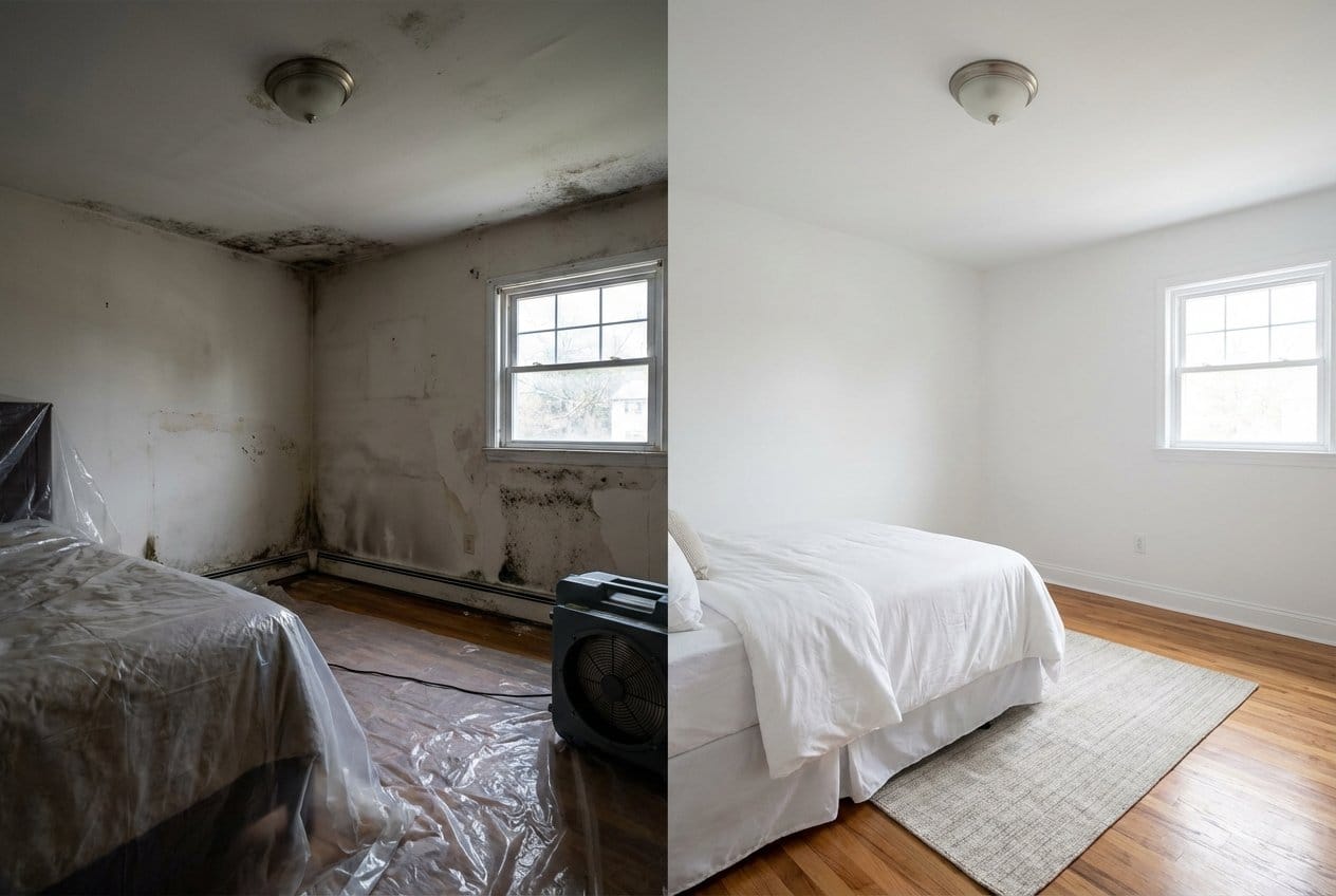 Before and after bathroom & kitchen mold removal in Fair Lawn bi-level home bedroom