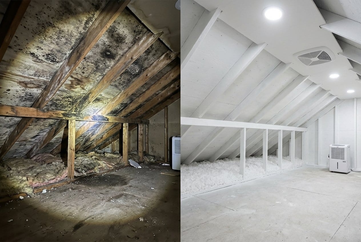 Before and after post-remediation cleaning & clearance in Fair Lawn single-family home attic space