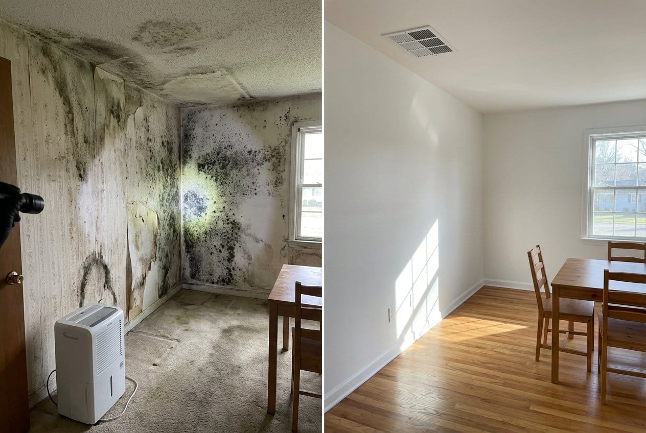 Before and after odor removal & disinfection in Fair Lawn ranch-style home dining room