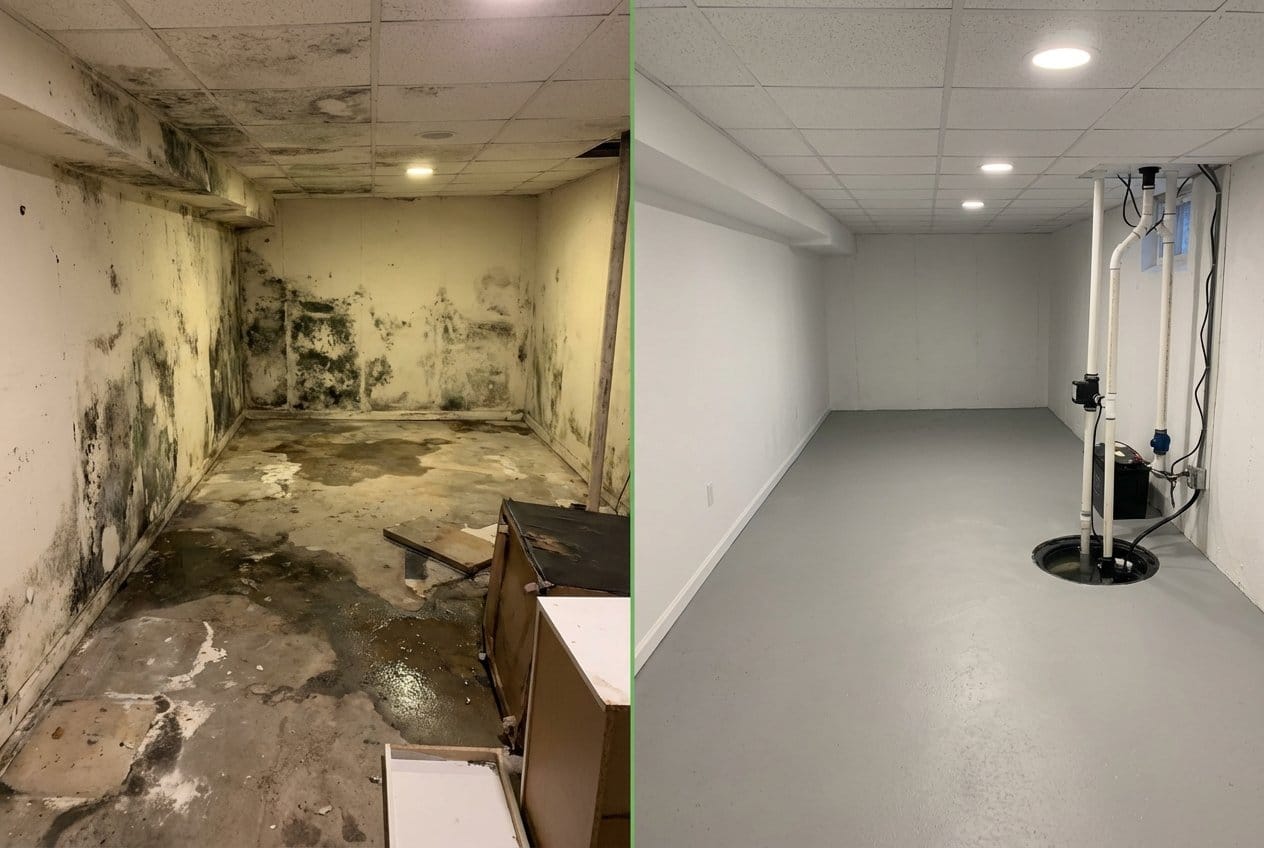 Humidity & Moisture Control Solution before and after in finished basement, Fair Lawn NJ